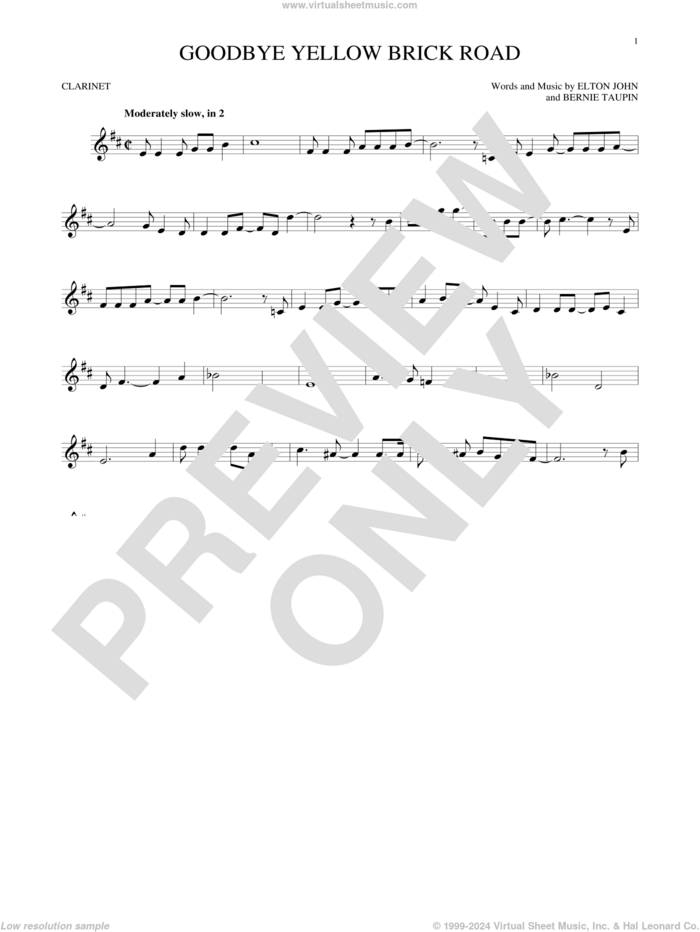 Goodbye Yellow Brick Road sheet music for clarinet solo by Elton John and Bernie Taupin, intermediate skill level