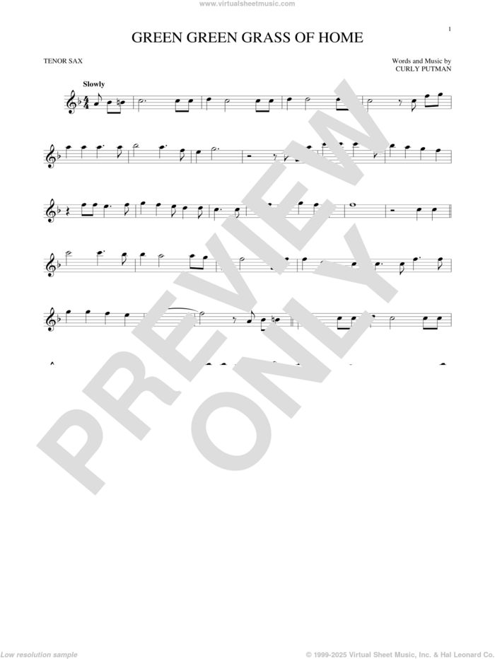 Green Green Grass Of Home sheet music for tenor saxophone solo by Curly Putman, Elvis Presley, Porter Wagoner and Tom Jones, intermediate skill level