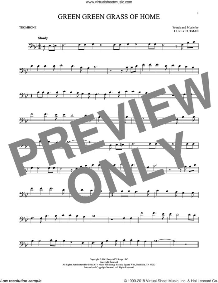 Green Green Grass Of Home sheet music for trombone solo by Curly Putman, Elvis Presley, Porter Wagoner and Tom Jones, intermediate skill level
