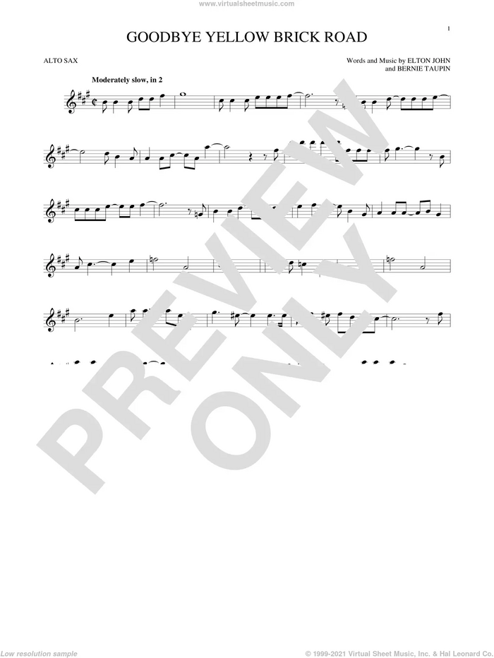 Goodbye Yellow Brick Road sheet music for alto saxophone solo by Elton John and Bernie Taupin, intermediate skill level