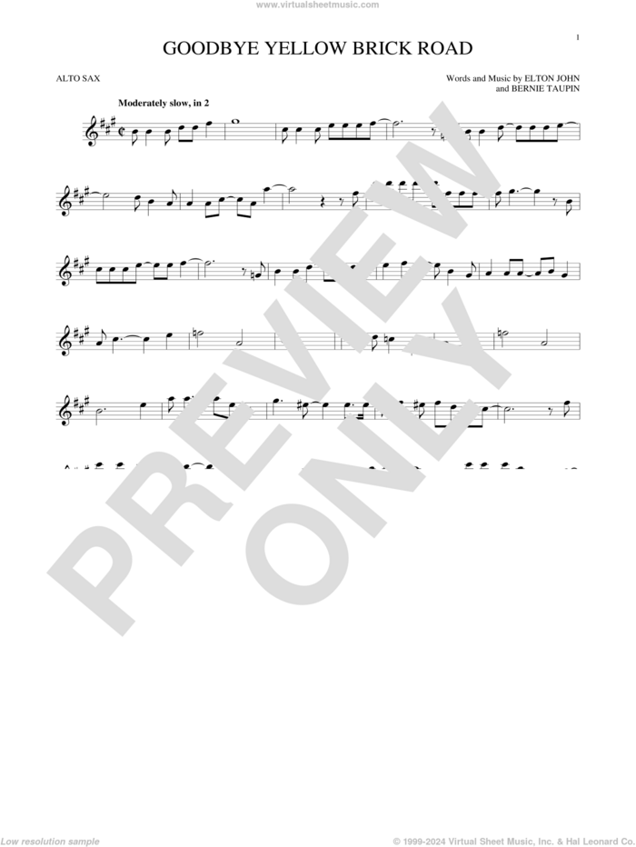 Goodbye Yellow Brick Road sheet music for alto saxophone solo by Elton John and Bernie Taupin, intermediate skill level