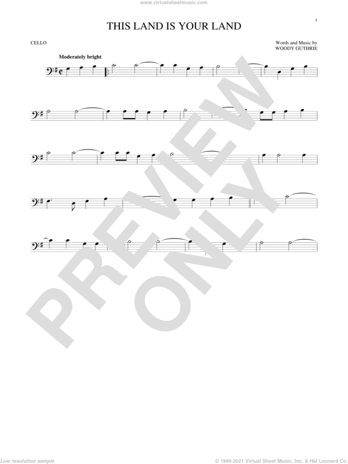 This Land Is Your Land sheet music for cello solo by Woody Guthrie, intermediate skill level