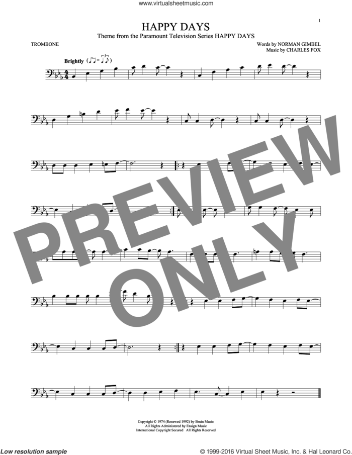 Happy Days sheet music for trombone solo by Norman Gimbel, Charles Fox, Norman Gimbel & Charles Fox and Pratt and McClain, intermediate skill level