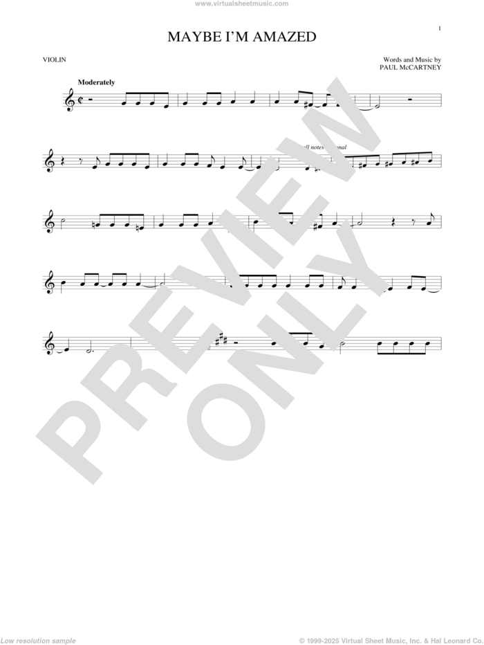 Maybe I'm Amazed sheet music for violin solo by Paul McCartney, intermediate skill level