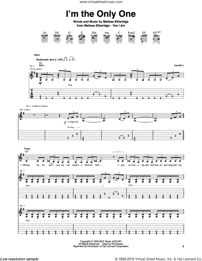 I'm The Only One sheet music for guitar (tablature) by Melissa Etheridge, intermediate skill level