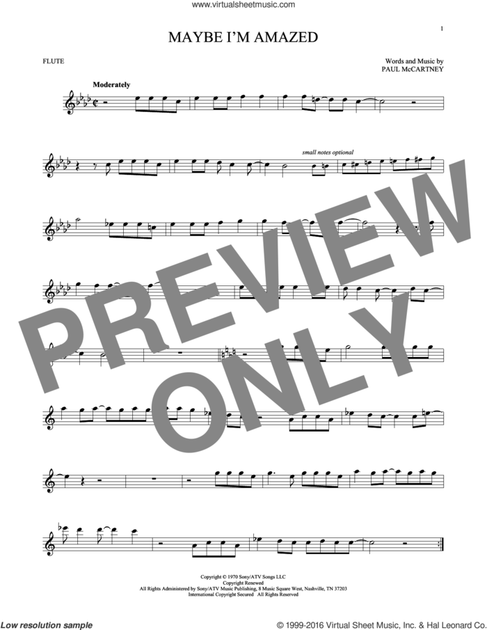 Maybe I'm Amazed sheet music for flute solo by Paul McCartney, intermediate skill level