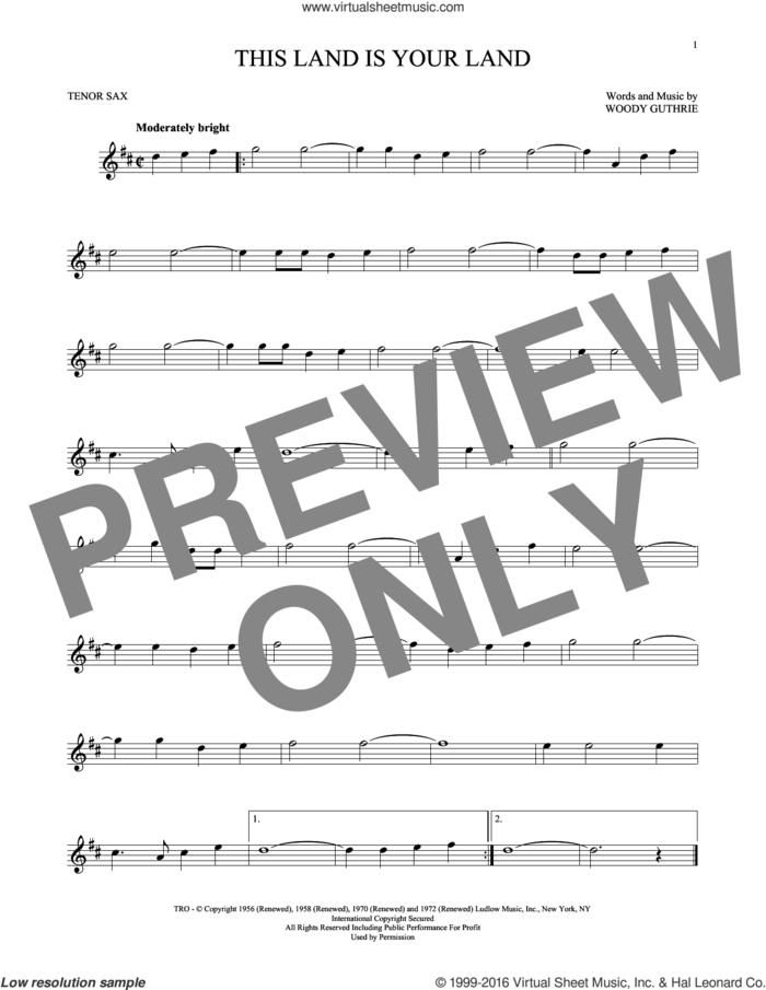 This Land Is Your Land sheet music for tenor saxophone solo by Woody Guthrie, intermediate skill level