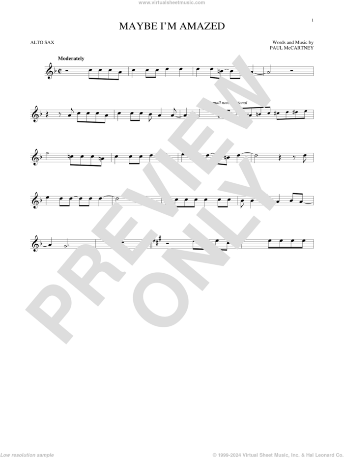 Maybe I'm Amazed sheet music for alto saxophone solo by Paul McCartney, intermediate skill level