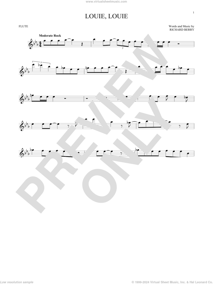 Louie, Louie sheet music for flute solo by The Kingsmen and Richard Berry, intermediate skill level