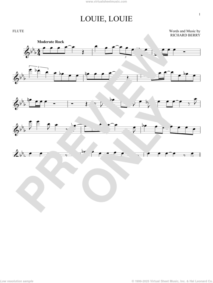 Louie, Louie sheet music for flute solo by The Kingsmen and Richard Berry, intermediate skill level