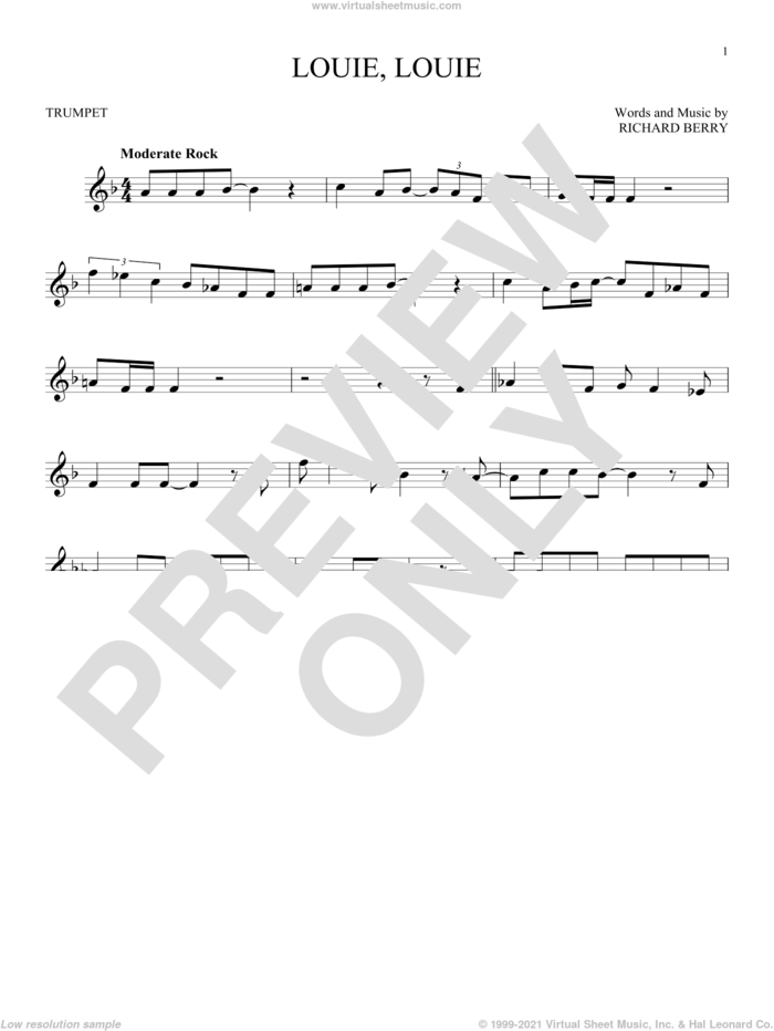Louie, Louie sheet music for trumpet solo by The Kingsmen and Richard Berry, intermediate skill level