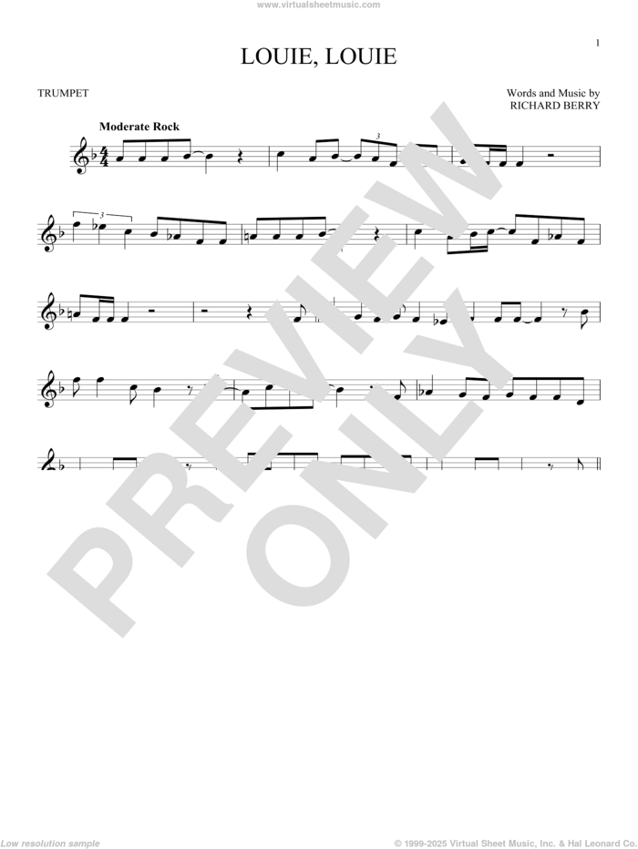 Louie, Louie sheet music for trumpet solo by The Kingsmen and Richard Berry, intermediate skill level