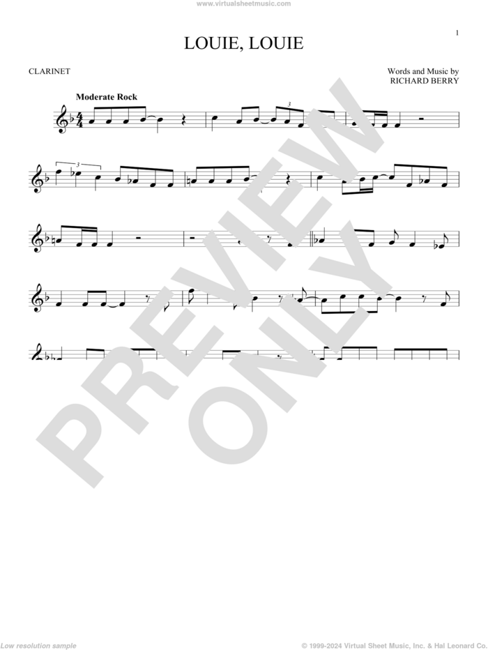 Louie, Louie sheet music for clarinet solo by The Kingsmen and Richard Berry, intermediate skill level