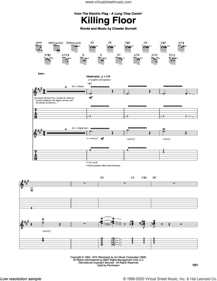 Killing Floor sheet music for guitar (tablature) by Chester Burnett, Albert King, Jimi Hendrix, Mike Bloomfield and The Electric Flag, intermediate skill level