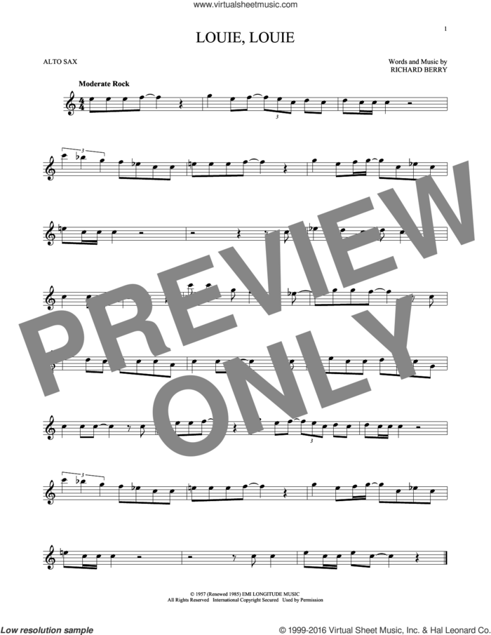 Louie, Louie sheet music for alto saxophone solo by The Kingsmen and Richard Berry, intermediate skill level