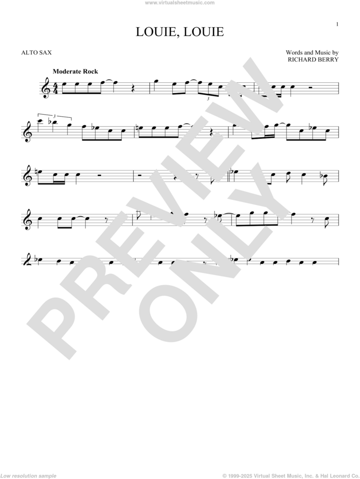 Louie, Louie sheet music for alto saxophone solo by The Kingsmen and Richard Berry, intermediate skill level