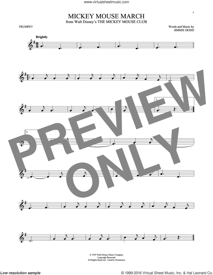 Mickey Mouse March (from The Mickey Mouse Club) sheet music for trumpet solo by Jimmie Dodd, intermediate skill level