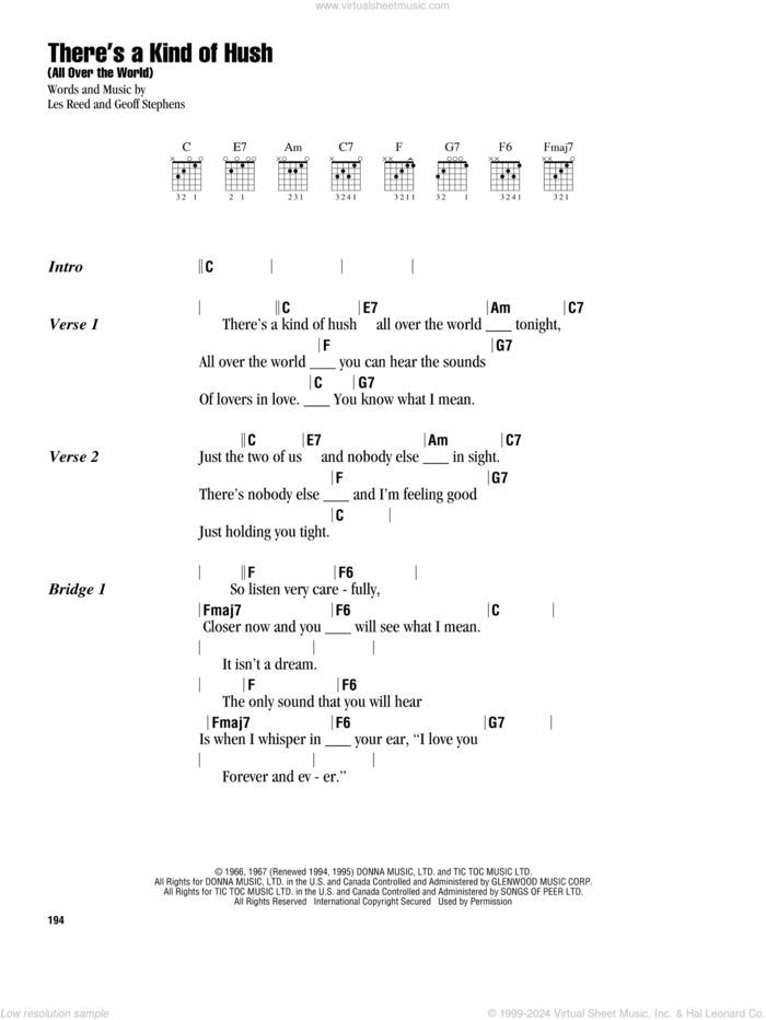 There's A Kind Of Hush (All Over The World) sheet music for guitar (chords) by Herman's Hermits, Carpenters, Geoff Stephens and Les Reed, intermediate skill level