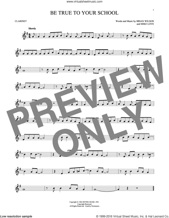 Be True To Your School sheet music for clarinet solo by The Beach Boys, Brian Wilson and Mike Love, intermediate skill level