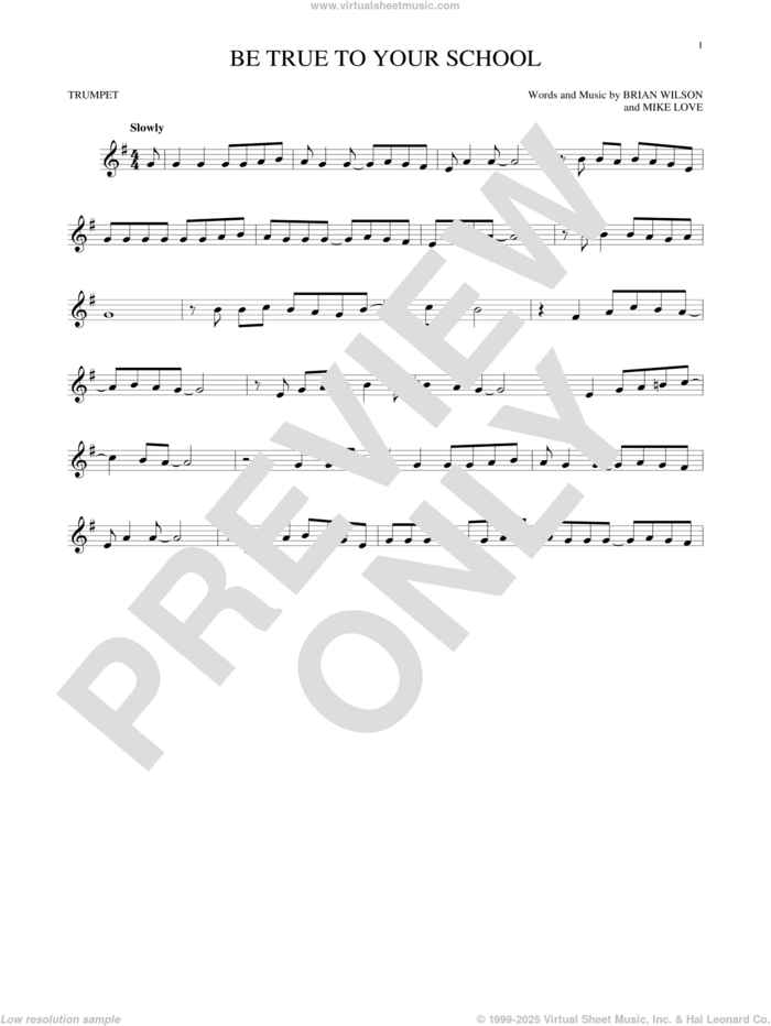 Be True To Your School sheet music for trumpet solo by The Beach Boys, Brian Wilson and Mike Love, intermediate skill level