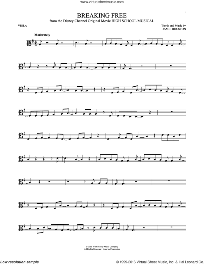 Breaking Free (from High School Musical) sheet music for viola solo by Jamie Houston and Zac Efron and Vanessa Anne Hudgens, intermediate skill level