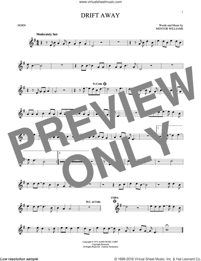 Drift Away sheet music for horn solo by Dobie Gray and Mentor Williams, intermediate skill level