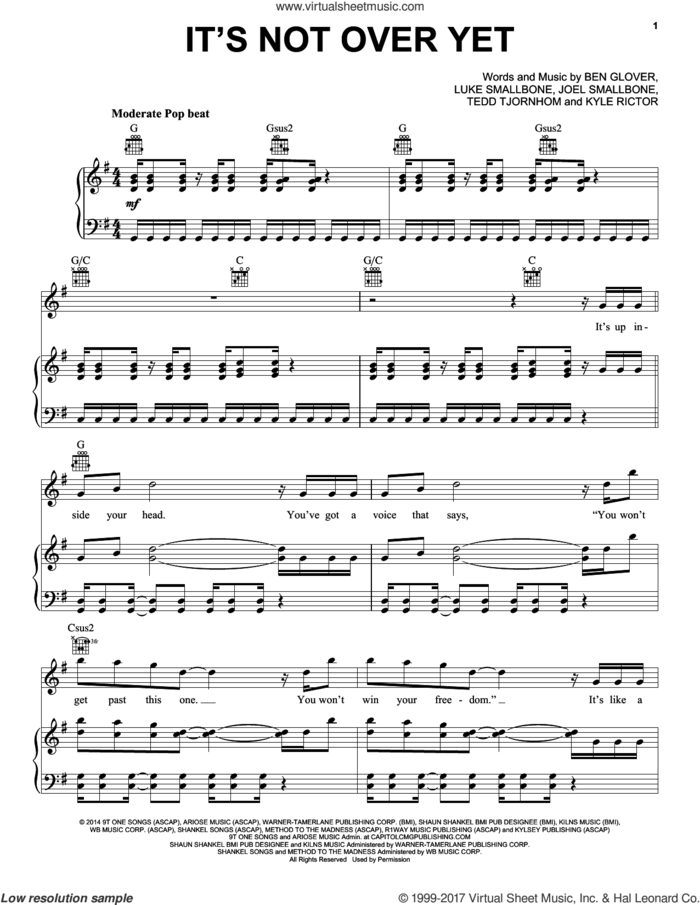 It's Not Over Yet sheet music for voice, piano or guitar by for KING & COUNTRY, Ben Glover, Joel Smallbone, Kyle Rictor, Luke Smallbone and Tedd Tjornhom, intermediate skill level