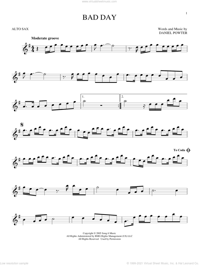 Bad Day sheet music for alto saxophone solo by Daniel Powter, intermediate skill level