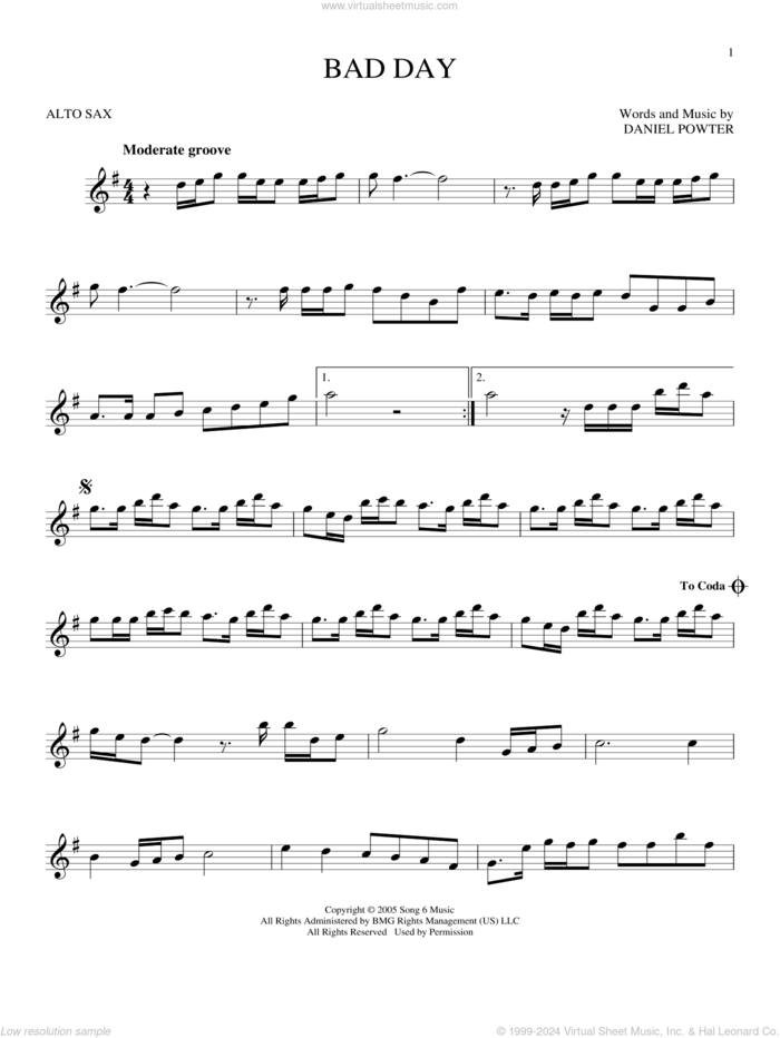 Bad Day sheet music for alto saxophone solo by Daniel Powter, intermediate skill level