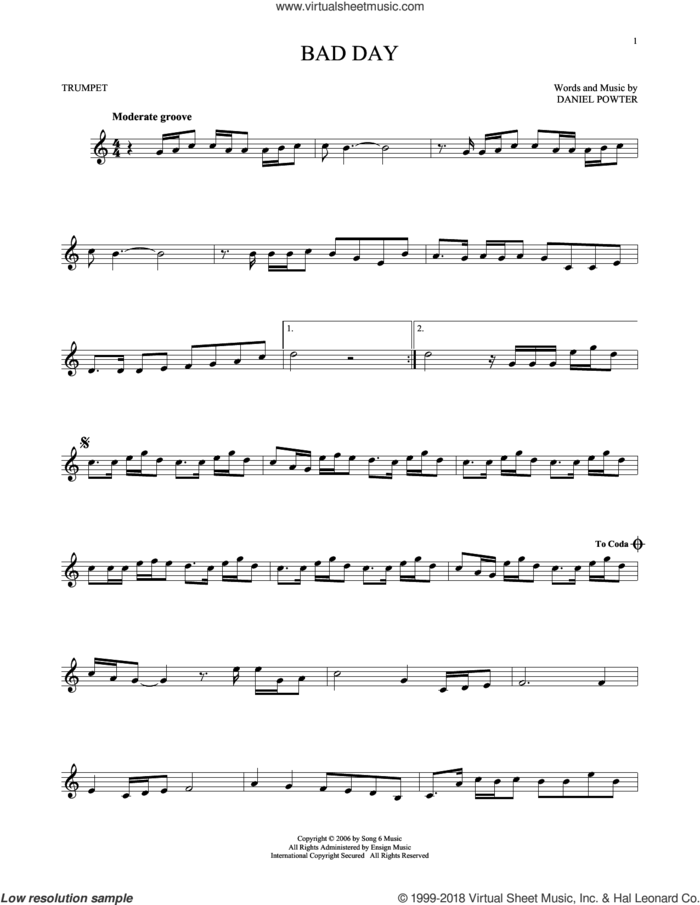 Bad Day sheet music for trumpet solo by Daniel Powter, intermediate skill level