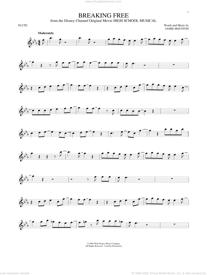 Breaking Free (from High School Musical) sheet music for flute solo by Jamie Houston and Zac Efron and Vanessa Anne Hudgens, intermediate skill level