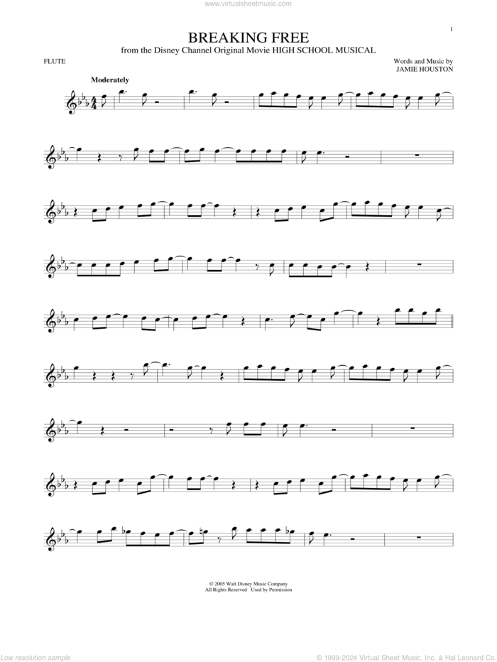 Breaking Free (from High School Musical) sheet music for flute solo by Jamie Houston and Zac Efron and Vanessa Anne Hudgens, intermediate skill level