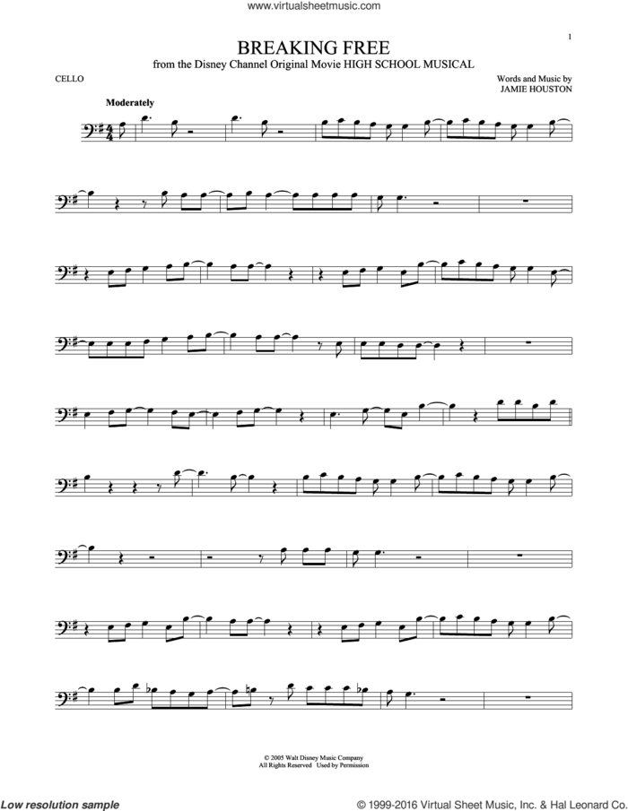 Breaking Free (from High School Musical) sheet music for cello solo by Jamie Houston and Zac Efron and Vanessa Anne Hudgens, intermediate skill level