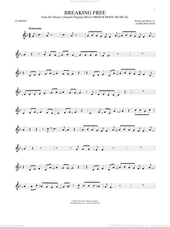 Breaking Free (from High School Musical) sheet music for clarinet solo by Jamie Houston and Zac Efron and Vanessa Anne Hudgens, intermediate skill level