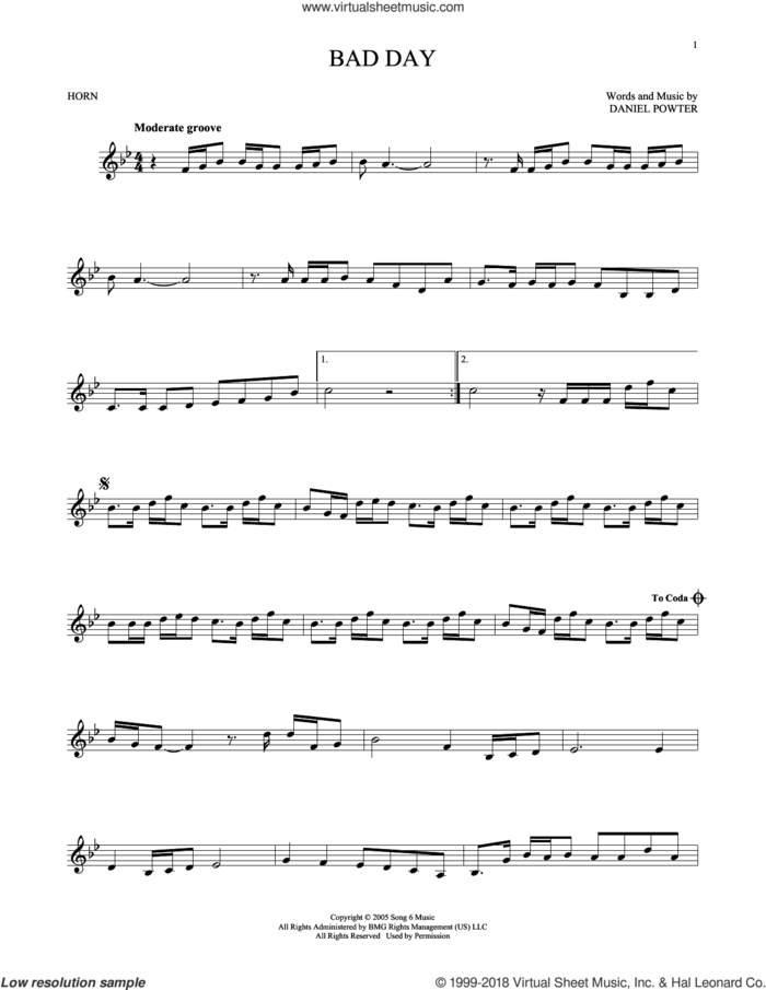 Bad Day sheet music for horn solo by Daniel Powter, intermediate skill level