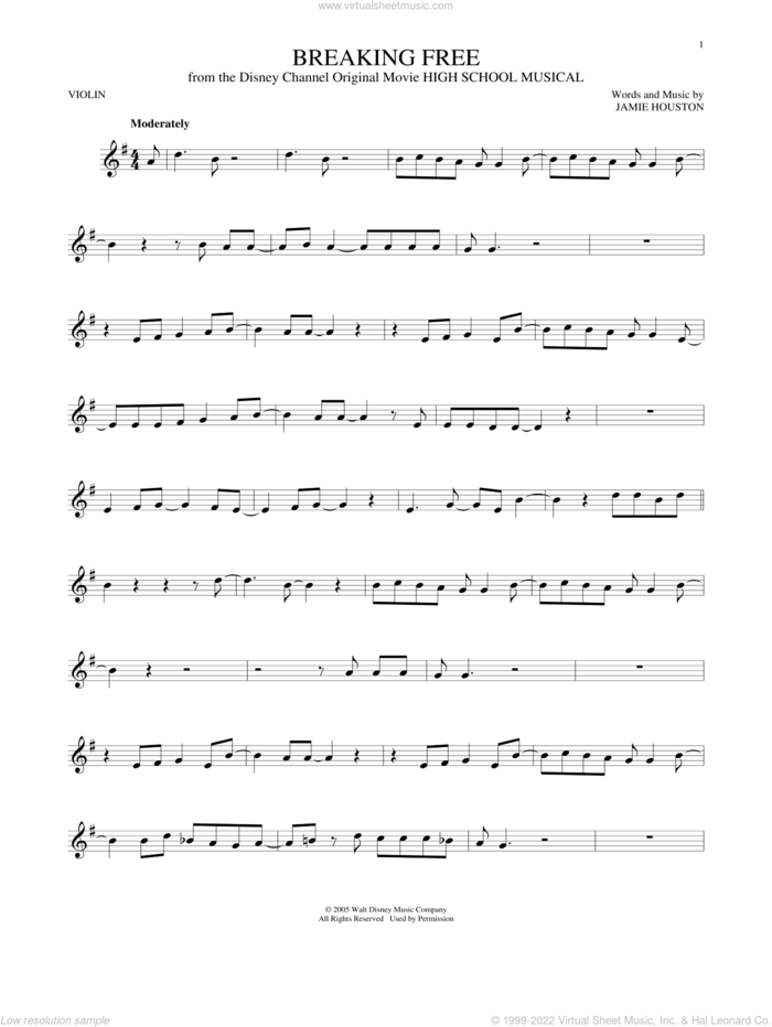 Breaking Free (from High School Musical) sheet music for violin solo by Jamie Houston and Zac Efron and Vanessa Anne Hudgens, intermediate skill level