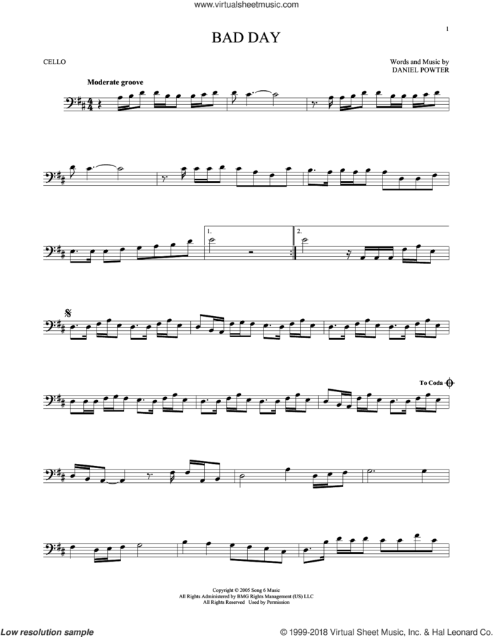 Bad Day sheet music for cello solo by Daniel Powter, intermediate skill level