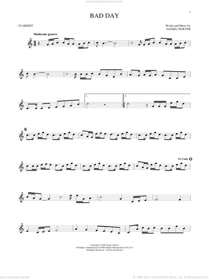Bad Day sheet music for clarinet solo by Daniel Powter, intermediate skill level