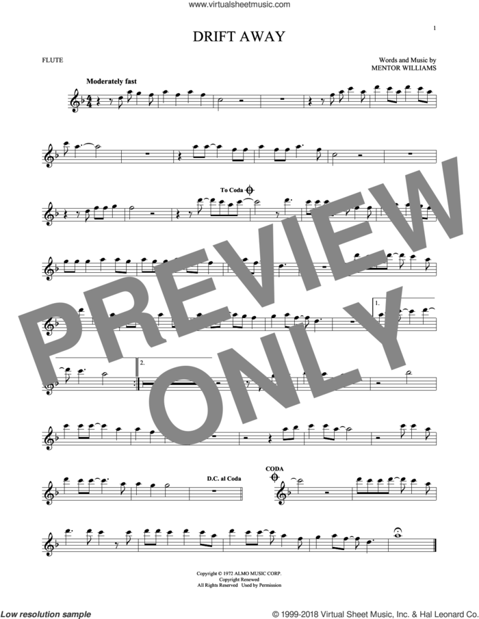 Drift Away sheet music for flute solo by Dobie Gray and Mentor Williams, intermediate skill level
