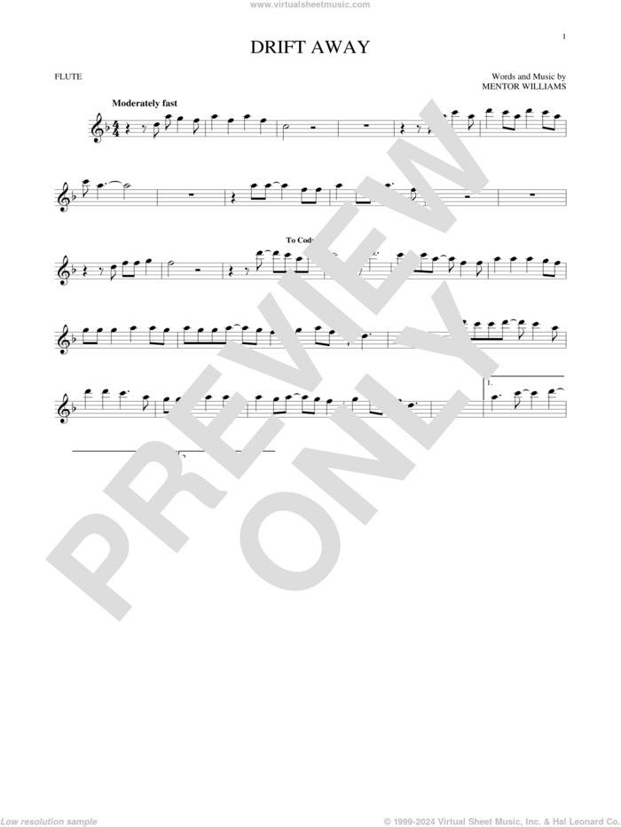 Drift Away sheet music for flute solo by Dobie Gray and Mentor Williams, intermediate skill level