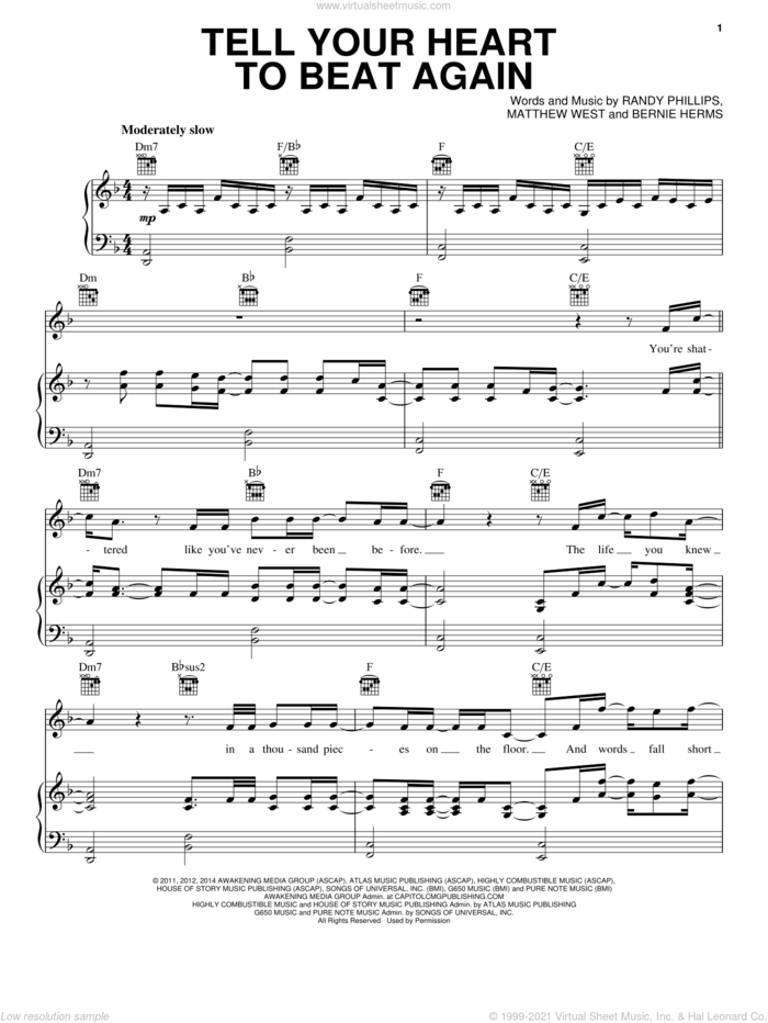 Tell Your Heart To Beat Again sheet music for voice, piano or guitar by Danny Gokey, Bernie Herms, Matthew West and Randy Phillips, intermediate skill level