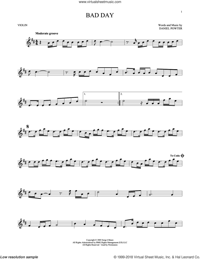 Bad Day sheet music for violin solo by Daniel Powter, intermediate skill level