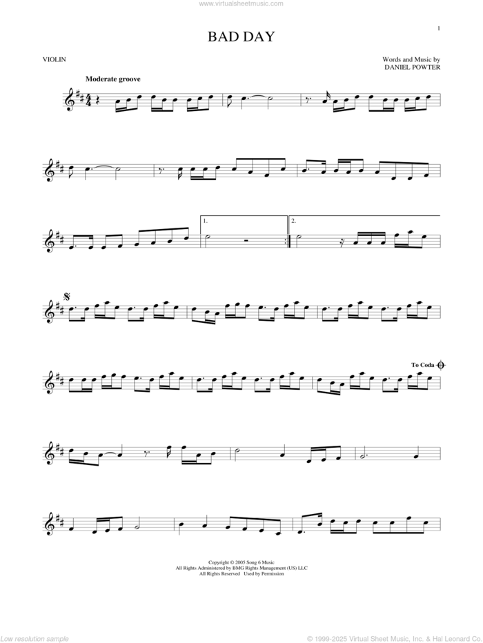 Bad Day sheet music for violin solo by Daniel Powter, intermediate skill level