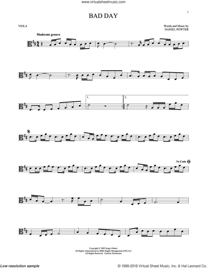 Bad Day sheet music for viola solo by Daniel Powter, intermediate skill level