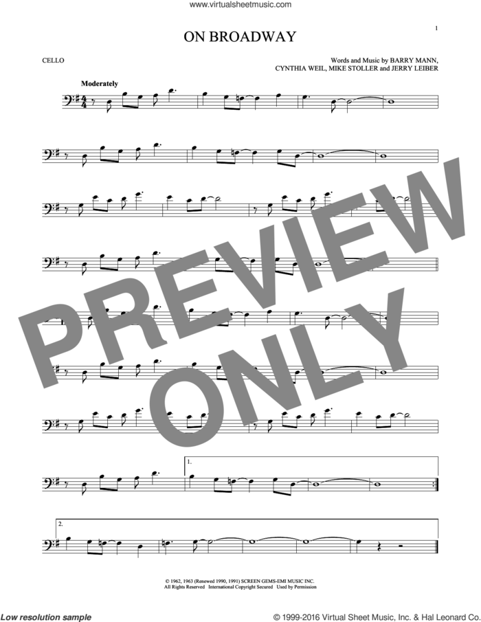 On Broadway sheet music for cello solo by George Benson, The Drifters, Barry Mann, Cynthia Weil, Jerry Leiber and Mike Stoller, intermediate skill level