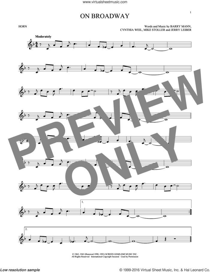 On Broadway sheet music for horn solo by George Benson, The Drifters, Barry Mann, Cynthia Weil, Jerry Leiber and Mike Stoller, intermediate skill level