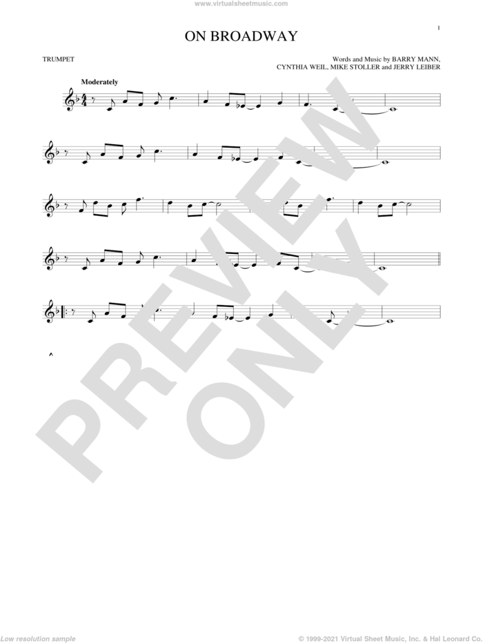 On Broadway sheet music for trumpet solo by George Benson, The Drifters, Barry Mann, Cynthia Weil, Jerry Leiber and Mike Stoller, intermediate skill level