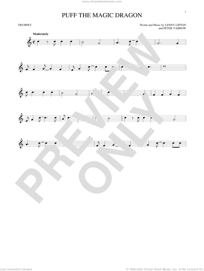Puff The Magic Dragon sheet music for trumpet solo by Peter, Paul & Mary, Lenny Lipton and Peter Yarrow, intermediate skill level