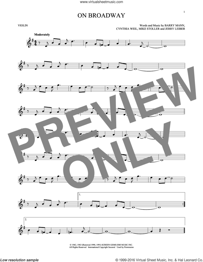 On Broadway sheet music for violin solo by George Benson, The Drifters, Barry Mann, Cynthia Weil, Jerry Leiber and Mike Stoller, intermediate skill level