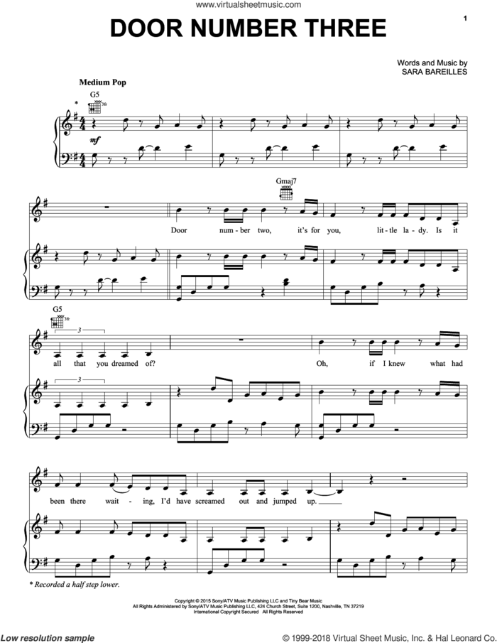 Door Number Three sheet music for voice, piano or guitar by Sara Bareilles, intermediate skill level